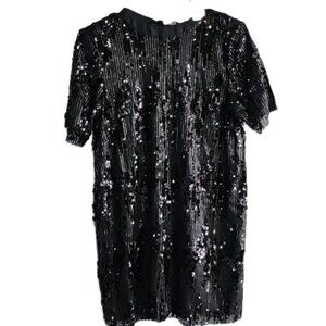 Zara NWOT Black Sequin Short Sleeve Mini Dress Party Dance Evening Cocktail Sz M